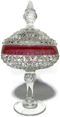Vintage Indiana Glass Diamond Point Covered Candy Dish Clear w/Red Trim 12"